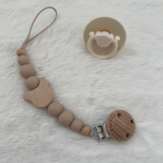 baby silicone dummy clip with beech wood pacifier holder