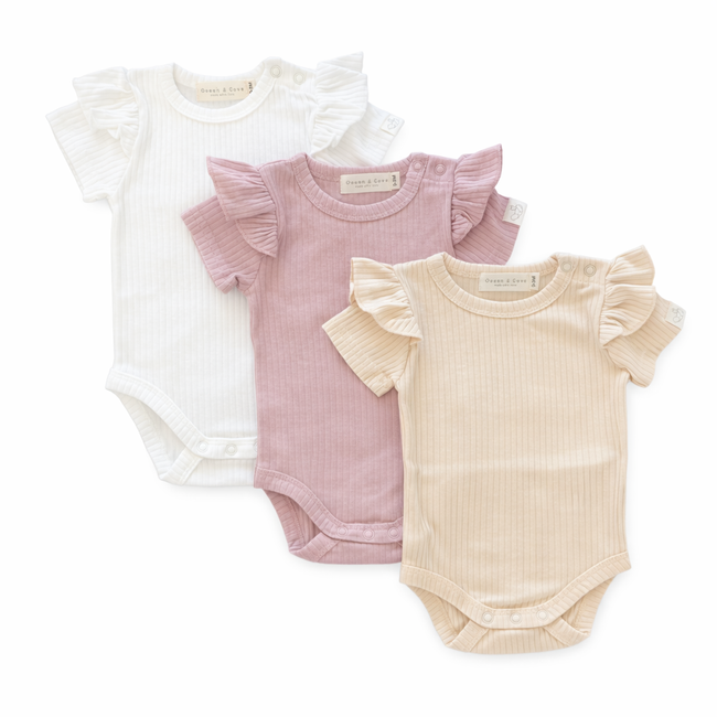 Organic Cotton Ribbed Frill Sleeve Bodysuits (3 pack)