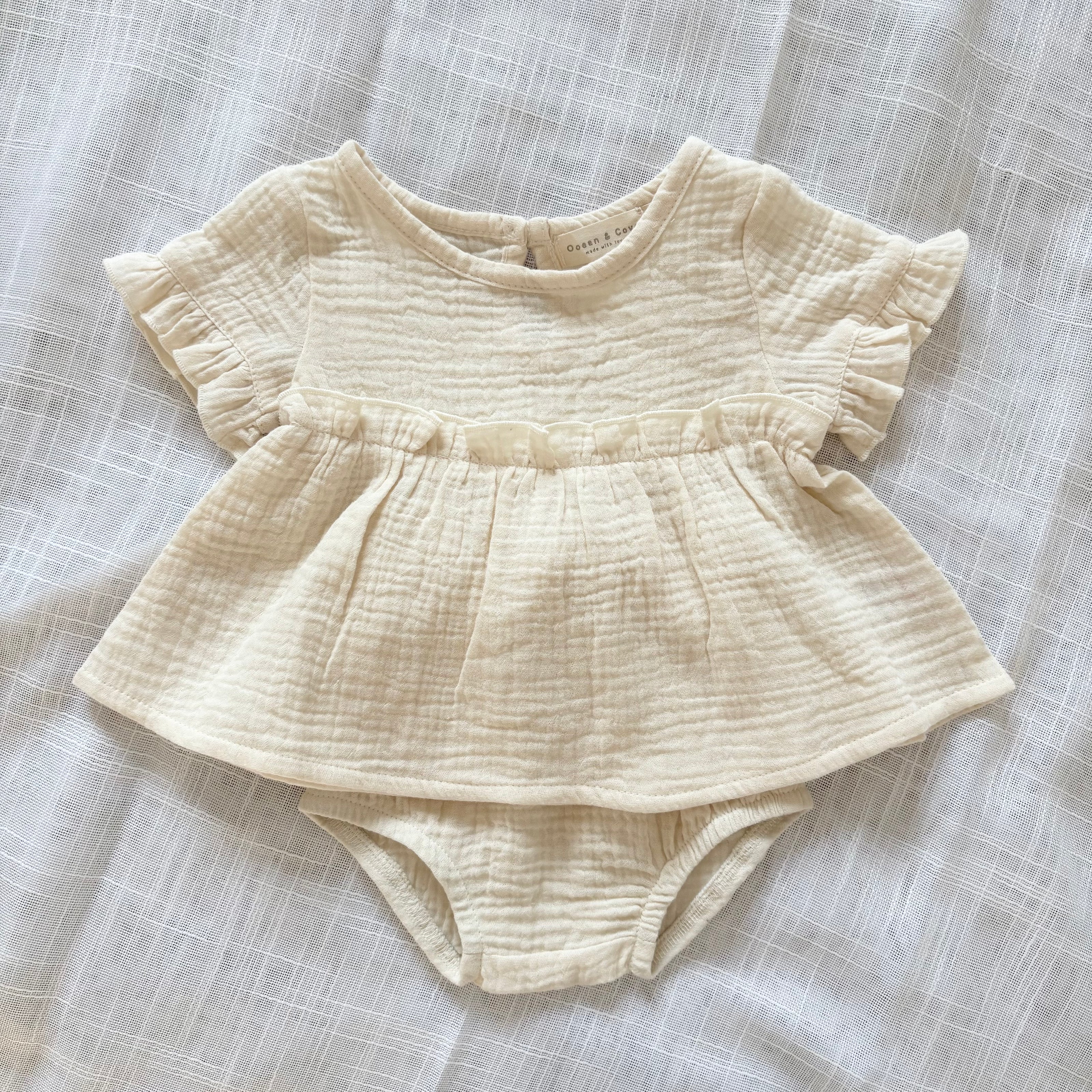 Organic Cotton Muslin Frilled Set Cream