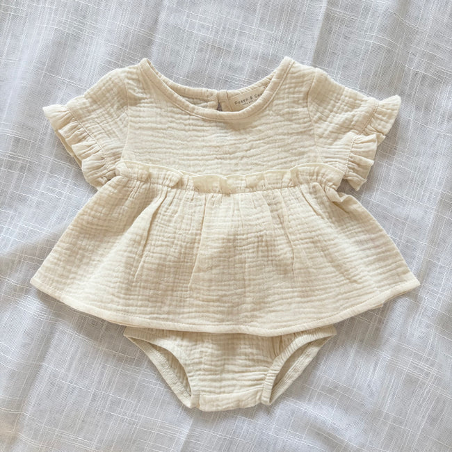 Organic Cotton Muslin Frilled Set Cream
