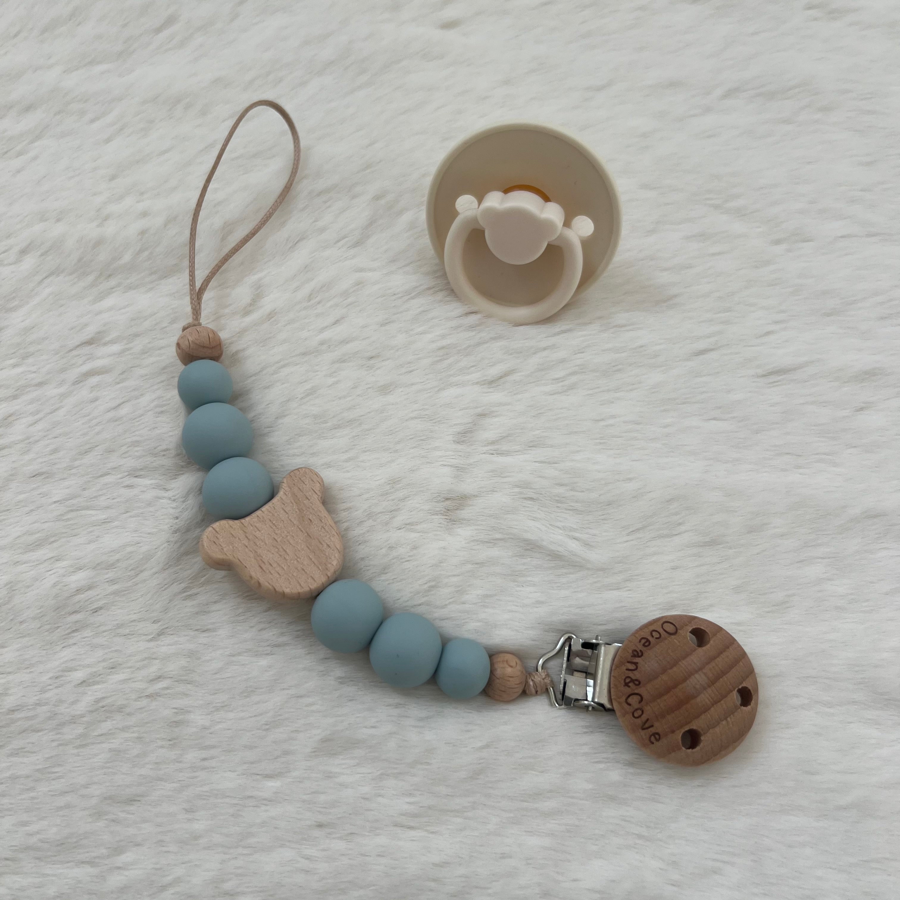 baby silicone dummy clip with beech wood pacifier holder