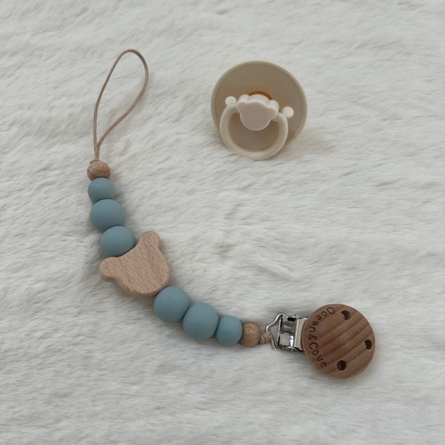 baby silicone dummy clip with beech wood pacifier holder