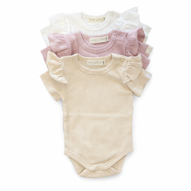 Organic Cotton Ribbed Frill Sleeve Bodysuits (3 pack)