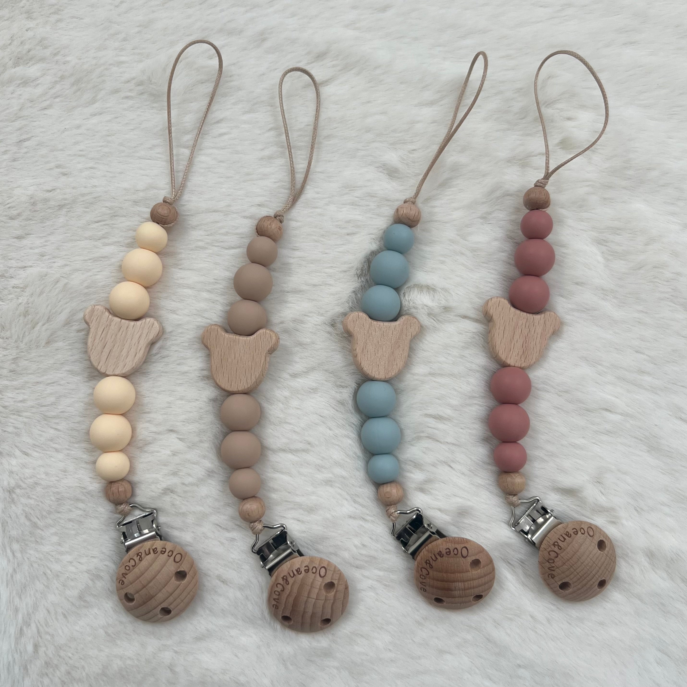 baby silicone dummy clip with beech wood pacifier holder