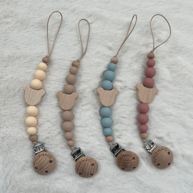 baby silicone dummy clip with beech wood pacifier holder