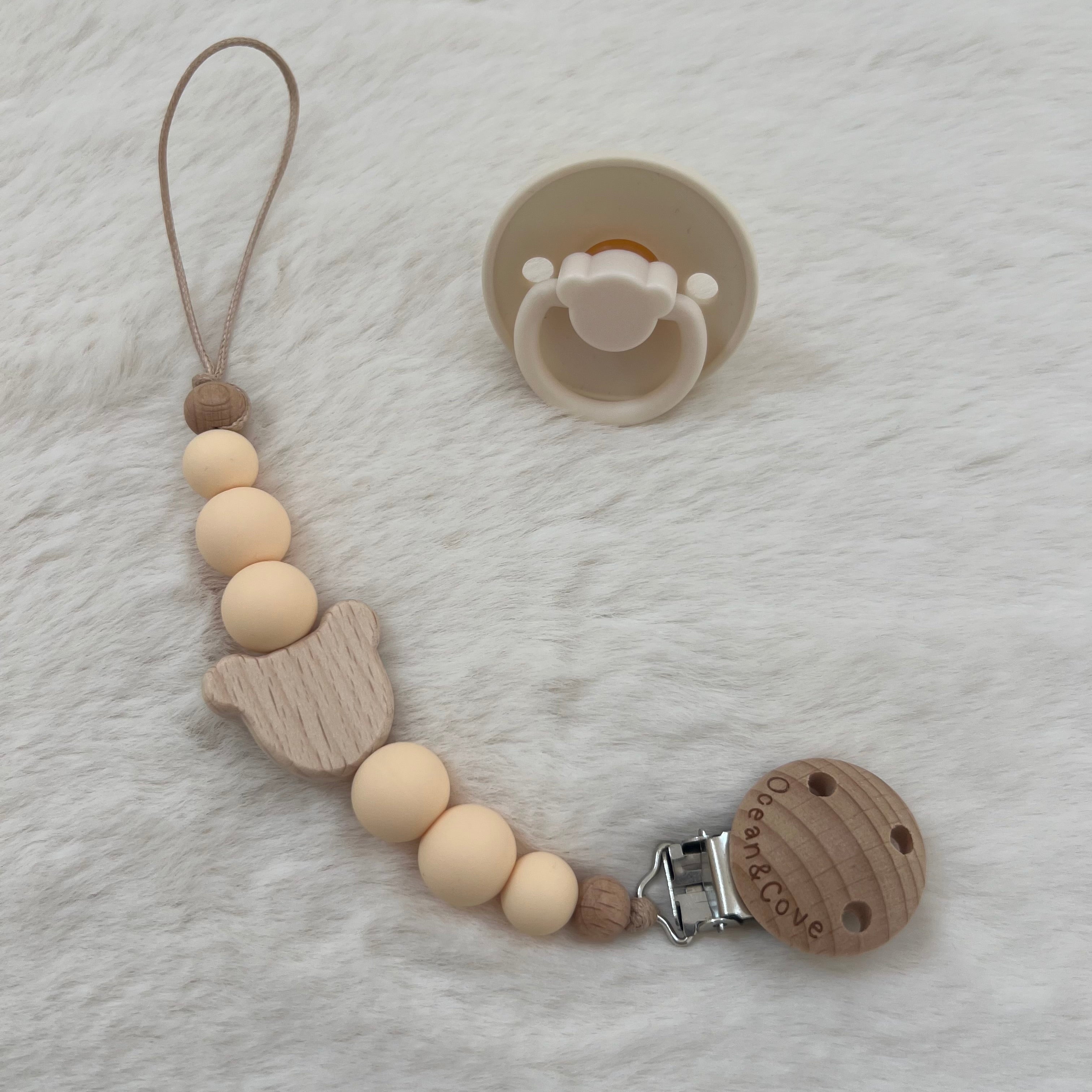 baby silicone dummy clip with beech wood pacifier holder
