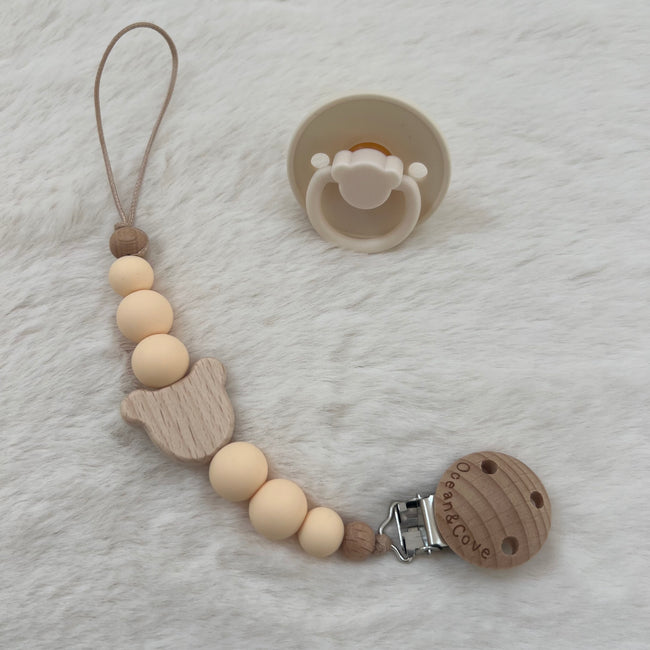baby silicone dummy clip with beech wood pacifier holder