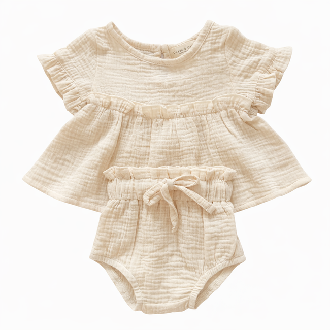 Organic Cotton Muslin Frilled Set Cream