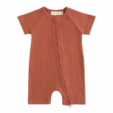 Organic Cotton Ribbed Zip Romper - Brown & Rust