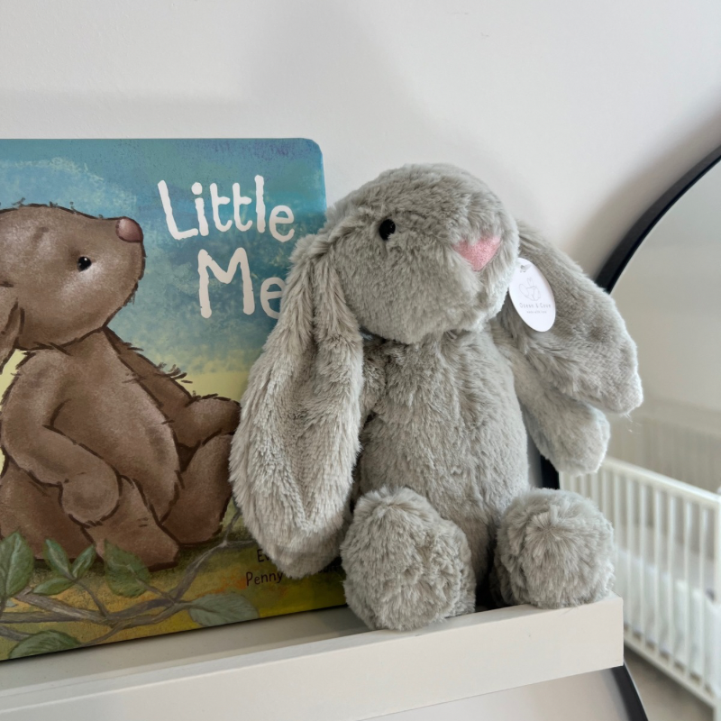 baby bunny toy in ivory grey biscuit for newborn cuddly gift